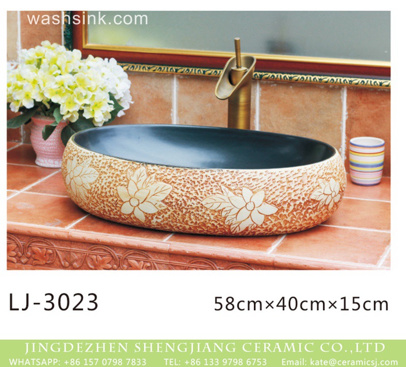 LJ-3023 Shengjiang factory direct black wall and brown surface with beautiful flowers pattern sanitary ware  LJ-3023 - shengjiang  ceramic  factory   porcelain art hand basin wash sink