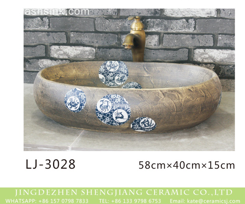 LJ-3028 Shengjiang factory produce antique oval porcelain with round pattern wash hand basin  LJ-3028 - shengjiang  ceramic  factory   porcelain art hand basin wash sink