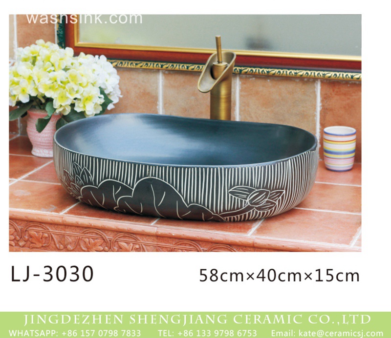 LJ-3030 Shengjiang factory direct black oval ceramic with white stripes vanity basin  LJ-3030 - shengjiang  ceramic  factory   porcelain art hand basin wash sink