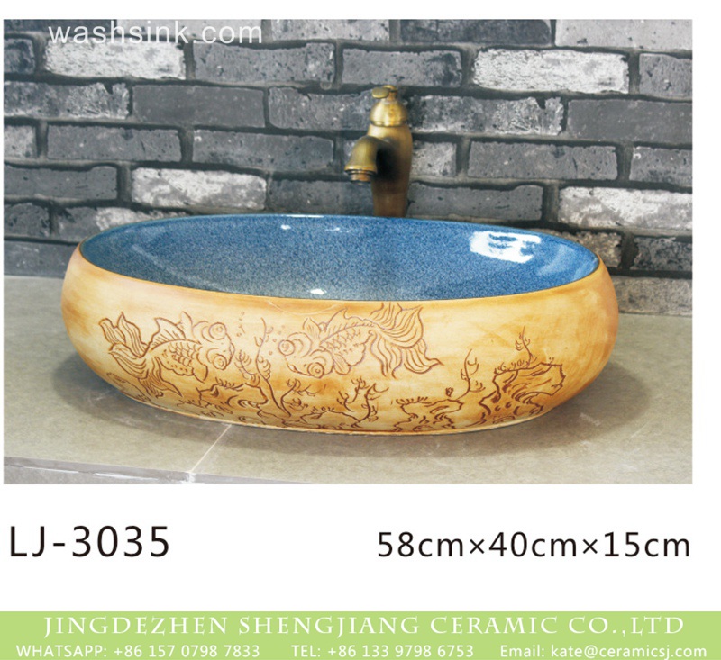 LJ-3035 Jingdezhen factory direct light blue wall and hand carved flowers pattern wood surface wash sink  LJ-3035 - shengjiang  ceramic  factory   porcelain art hand basin wash sink