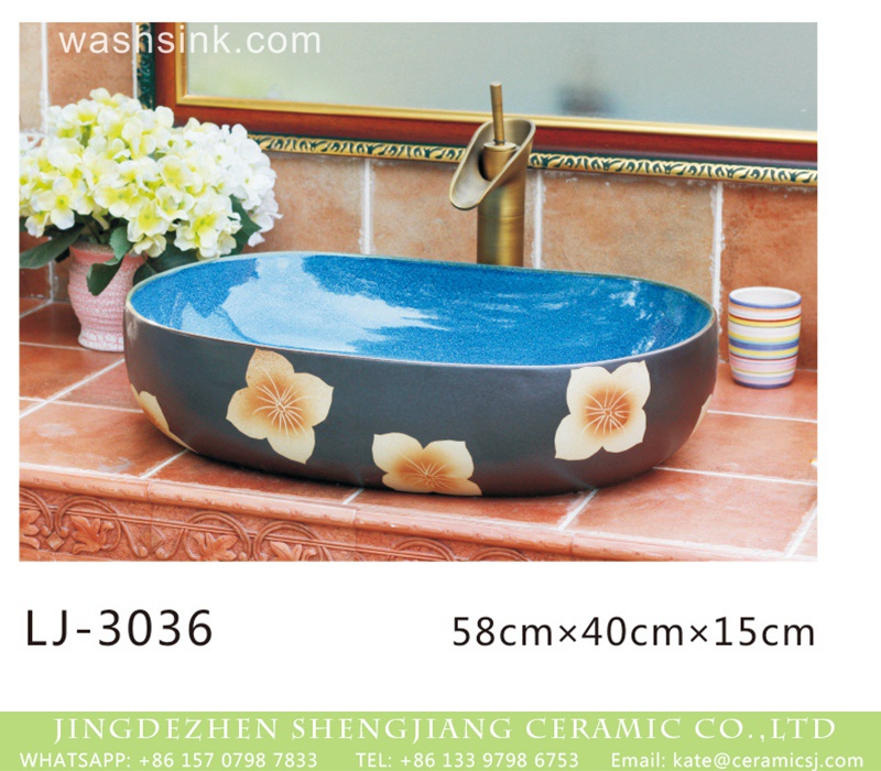 LJ-3036 Jingdezhen wholesale blue wall and black surface with beautiful flowers printing wash basin  LJ-3036 - shengjiang  ceramic  factory   porcelain art hand basin wash sink