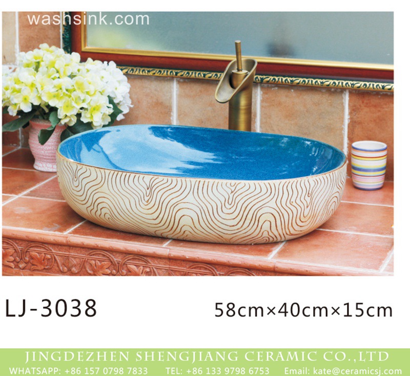 LJ-3038 Shengjiang factory direct blue wall and wood surface with stripes sanitary ware  LJ-3038 - shengjiang  ceramic  factory   porcelain art hand basin wash sink