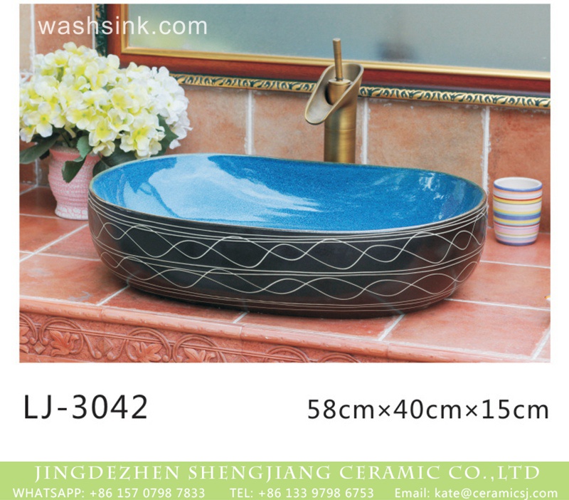 LJ-3042 Shengjiang factory new product blue wall and black surface with white lines art oval basin  LJ-3042 - shengjiang  ceramic  factory   porcelain art hand basin wash sink