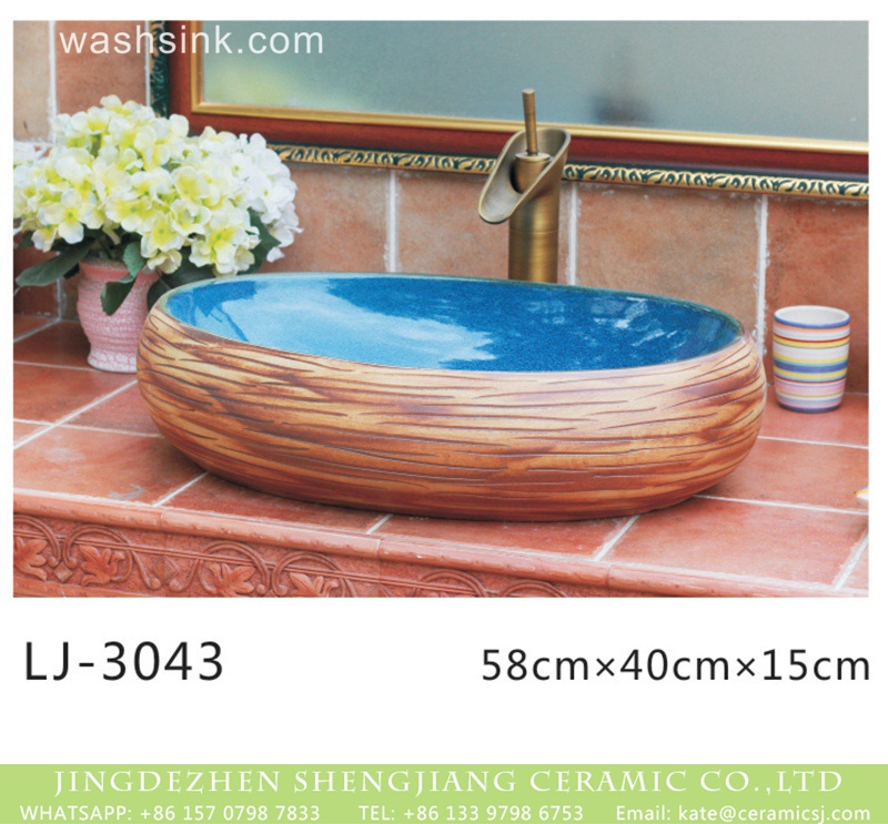 LJ-3043 Jingdezhen factory new product smooth blue wall and wood surface oval ceramic basin  LJ-3043 - shengjiang  ceramic  factory   porcelain art hand basin wash sink