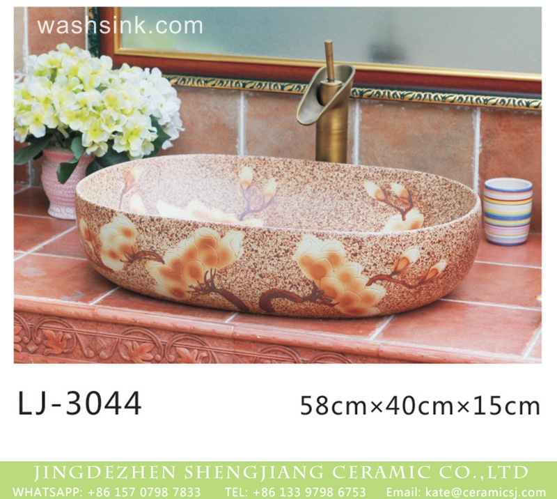 LJ-3044 China traditional oval brown color ceramic with flowers printing wash sink  LJ-3044 - shengjiang  ceramic  factory   porcelain art hand basin wash sink