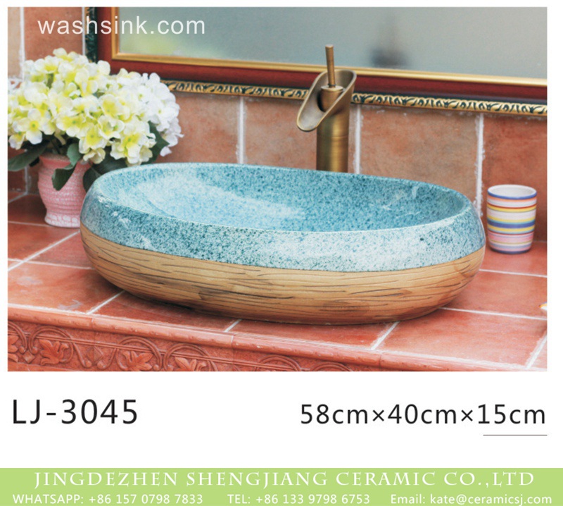 LJ-3045 Hot sale new product blue and wood color art oval wash basin  LJ-3045 - shengjiang  ceramic  factory   porcelain art hand basin wash sink