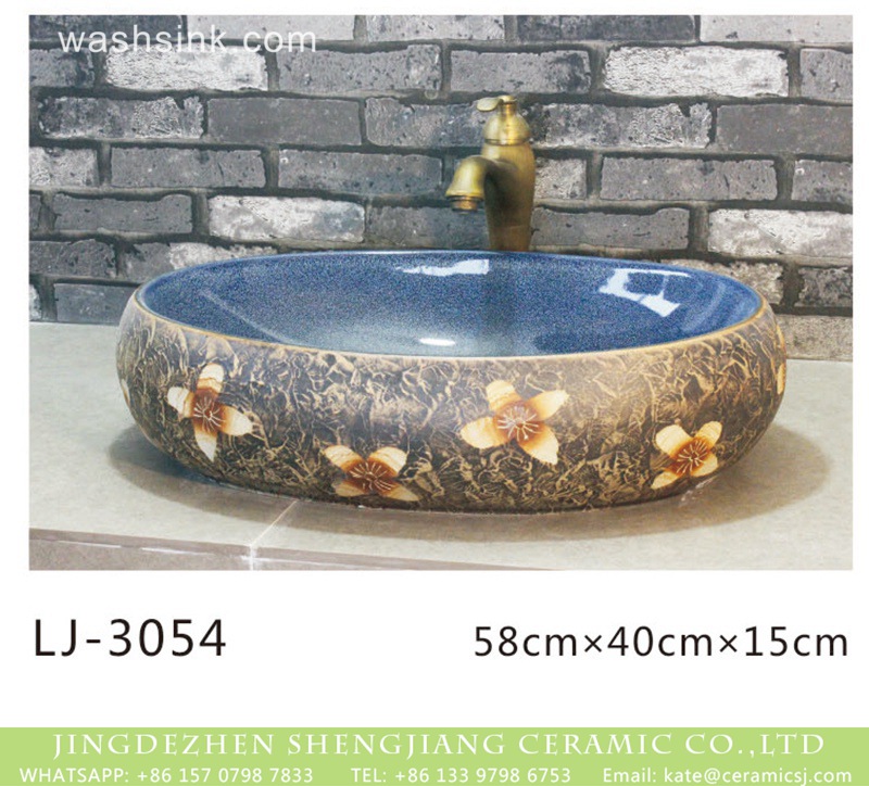 LJ-3054 China traditional style blue smooth wall and dark surface with flowers printing wash basin  LJ-3054 - shengjiang  ceramic  factory   porcelain art hand basin wash sink