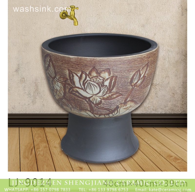 LJ-9014 New product hand carved flowers pattern mop basin  LJ-9014 - shengjiang  ceramic  factory   porcelain art hand basin wash sink