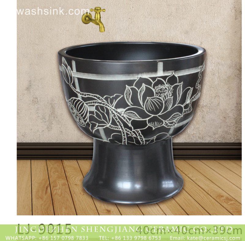 LJ-9015 China product black color ceramic with white flowers pattern floor mop basin  LJ-9015 - shengjiang  ceramic  factory   porcelain art hand basin wash sink