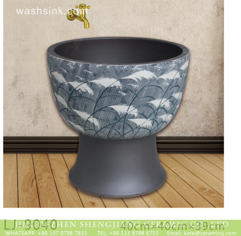 LJ-9040 Chinese art dark blue surface with beautiful feather printing bathroom mop sink  LJ-9040 - shengjiang  ceramic  factory   porcelain art hand basin wash sink