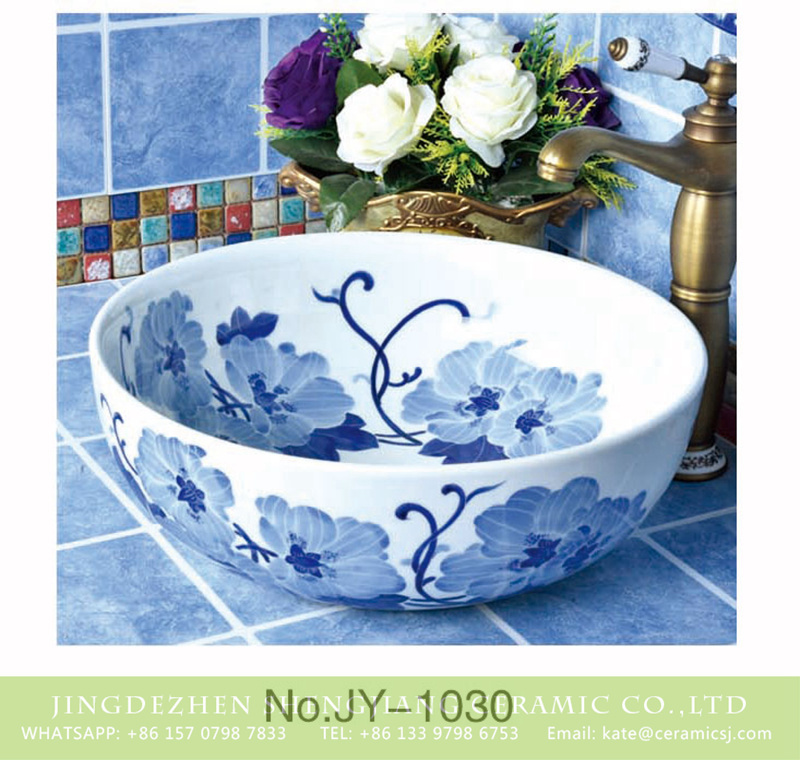 SJJY-1030-9青花台盘_09 China Jingdezhen produce blue color flowers pattern round bathroom sink    SJJY-1030-9 - shengjiang  ceramic  factory   porcelain art hand basin wash sink