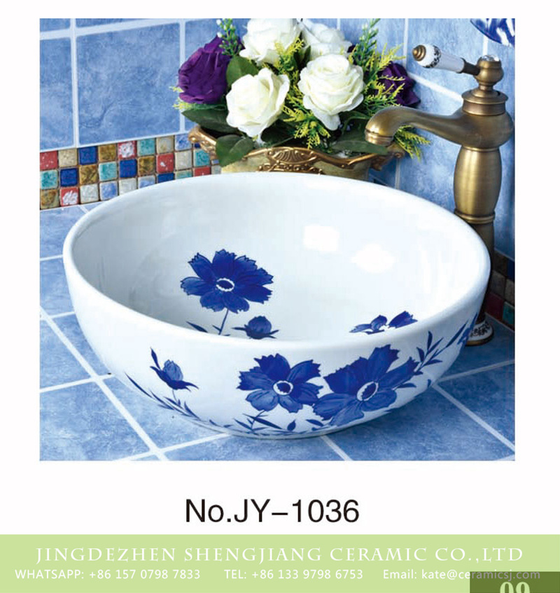 SJJY-1036-9青花台盘_15 Porcelain capital of China produce pure white ceramic with blue flowers pattern wash sink     SJJY-1036-9 - shengjiang  ceramic  factory   porcelain art hand basin wash sink