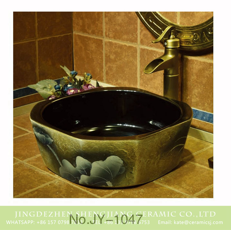 SJJY-1047-12仿古四方盆_14 Hot sale black color smooth wall and painted flowers pattern surface octagonal shape lavabo      SJJY-1047-12 - shengjiang  ceramic  factory   porcelain art hand basin wash sink