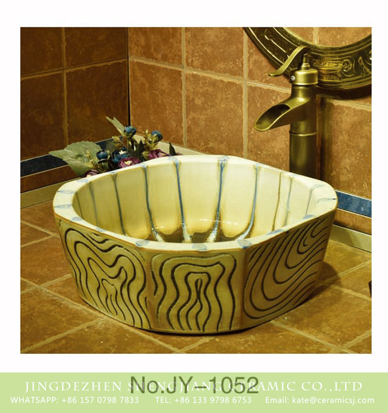 SJJY-1052-13仿古四方盆_07 Jingdezhen factory produce hand carved antique wood stripes surface lavabo    SJJY-1052-13 - shengjiang  ceramic  factory   porcelain art hand basin wash sink