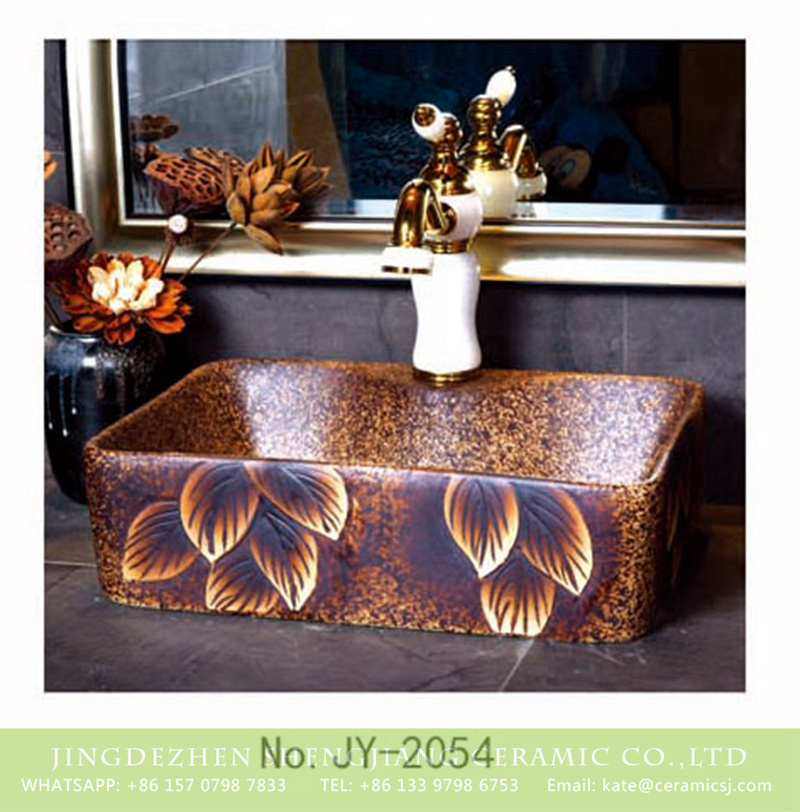 SJJY-1054-8有孔四方台盆_07 Jingdezhen pure hand ceramic dark color with leaves pattern sanitary ware    SJJY-1054-8 - shengjiang  ceramic  factory   porcelain art hand basin wash sink