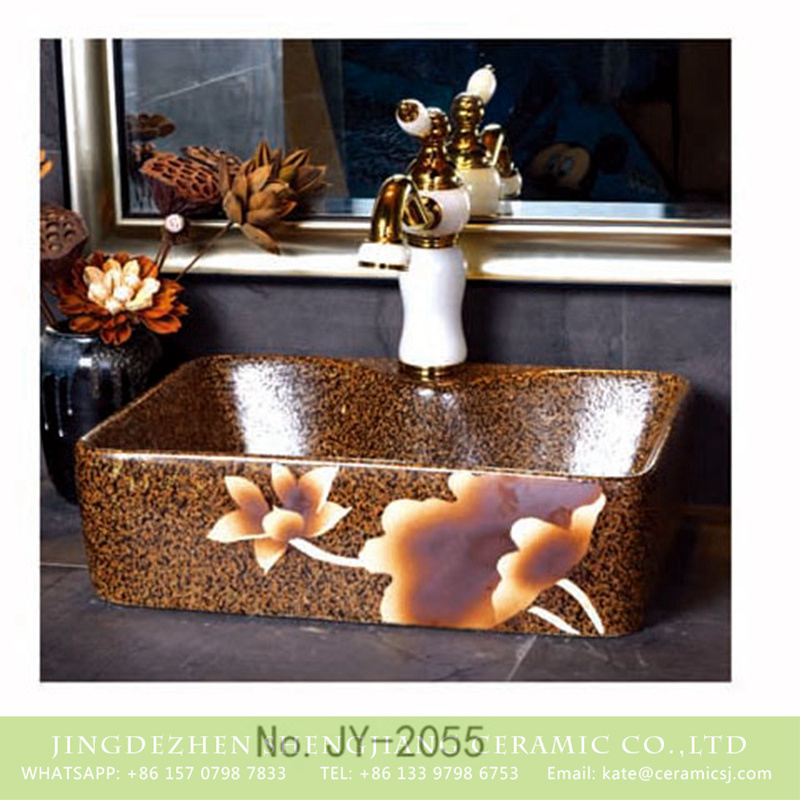 SJJY-1055-8有孔四方台盆_08 Hot sale product brown color with hand painted flowers pattern sanitary ware    SJJY-1055-8 - shengjiang  ceramic  factory   porcelain art hand basin wash sink