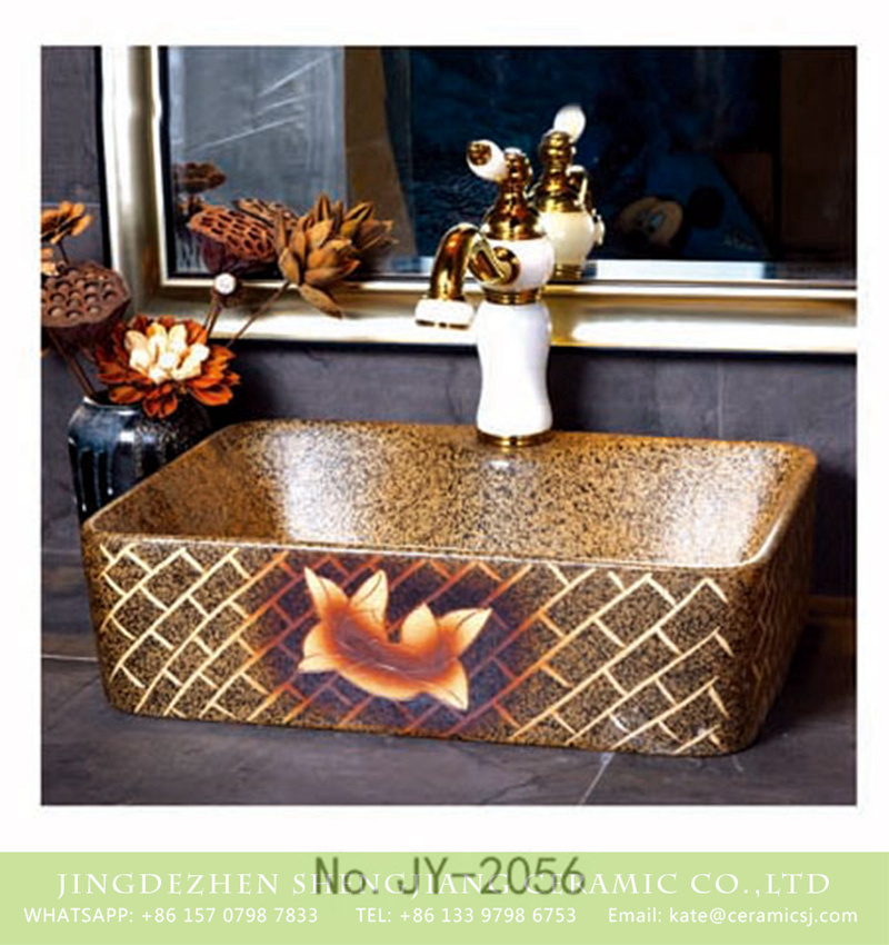 SJJY-1056-8有孔四方台盆_09 Art and crafts brown color ceramic and floral stripes wash sink    SJJY-1056-8 - shengjiang  ceramic  factory   porcelain art hand basin wash sink