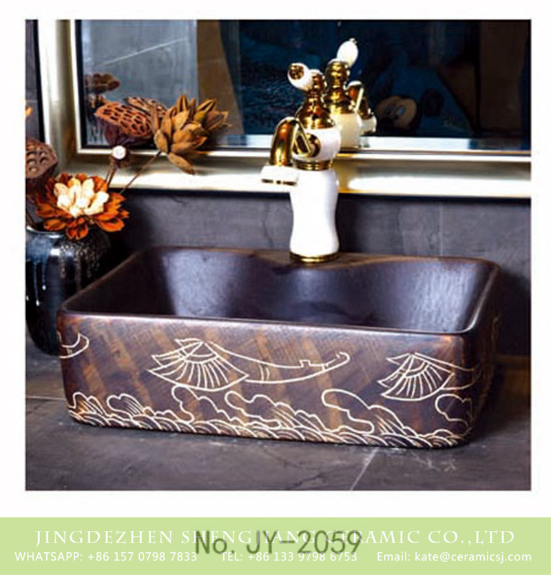 SJJY-1059-8有孔四方台盆_12 Made in Jingdezhen elegant single hole hand carved special pattern art basin     SJJY-1059-8 - shengjiang  ceramic  factory   porcelain art hand basin wash sink