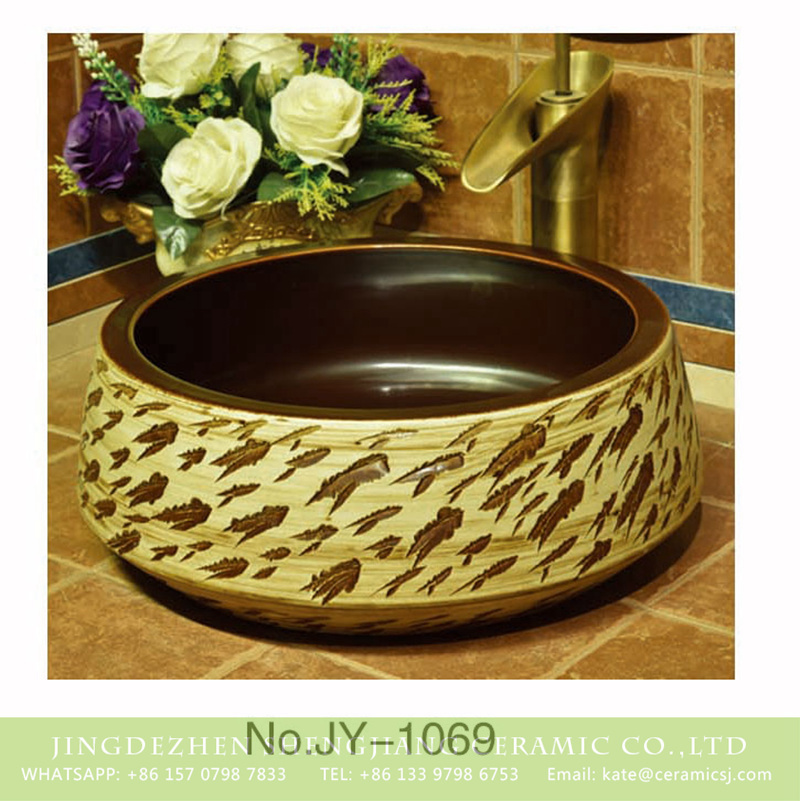 SJJY-1069-14仿古聚宝盆_12 Made in China brown wall and hand carved art pattern surface vanity basin    SJJY-1069-14 - shengjiang  ceramic  factory   porcelain art hand basin wash sink