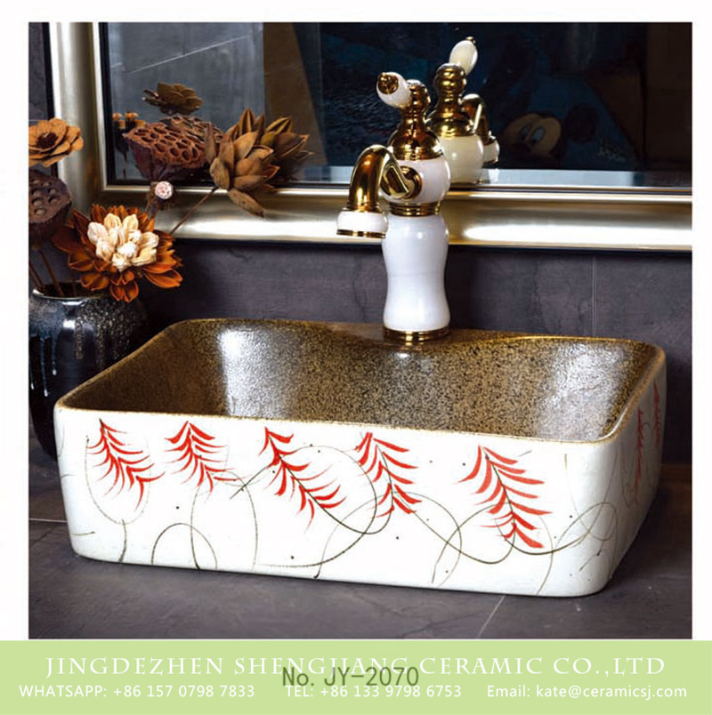 SJJY-1070-9有孔四方台盆_13 Shengjiang factory produce new brown wall and white surface with beautiful pattern design sink     SJJY-1070-9 - shengjiang  ceramic  factory   porcelain art hand basin wash sink