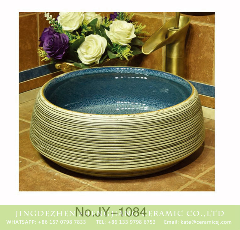SJJY-1084-15仿古聚宝盆_18 Made in China blue wall and white color surface with stripe wash basin   SJJY-1084-15 - shengjiang  ceramic  factory   porcelain art hand basin wash sink