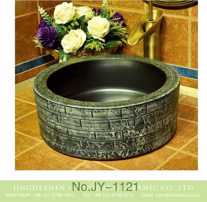 SJJY-1121-20仿古加厚草帽_07 Hot sale new product black inner wall and hand carved dark color pattern surface wash sink    SJJY-1121-20 - shengjiang  ceramic  factory   porcelain art hand basin wash sink