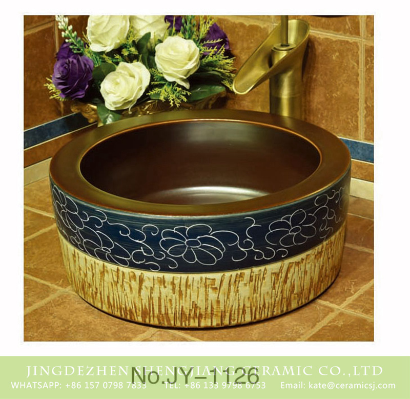 SJJY-1126-20仿古加厚草帽_12 China traditional style durable ceramic brown inner wall and hand carved flower pattern surface lavabo    SJJY-1126-20 - shengjiang  ceramic  factory   porcelain art hand basin wash sink