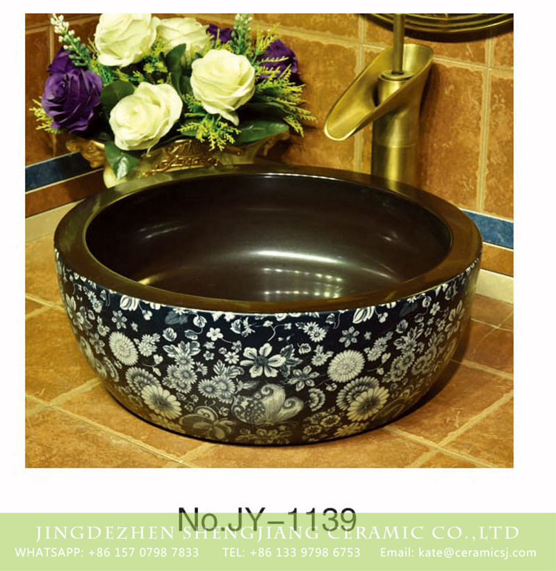SJJY-1139-21仿古腰鼓盆_14 China elegant dark color ceramic with flowers pattern vanity basin     SJJY-1139-21 - shengjiang  ceramic  factory   porcelain art hand basin wash sink