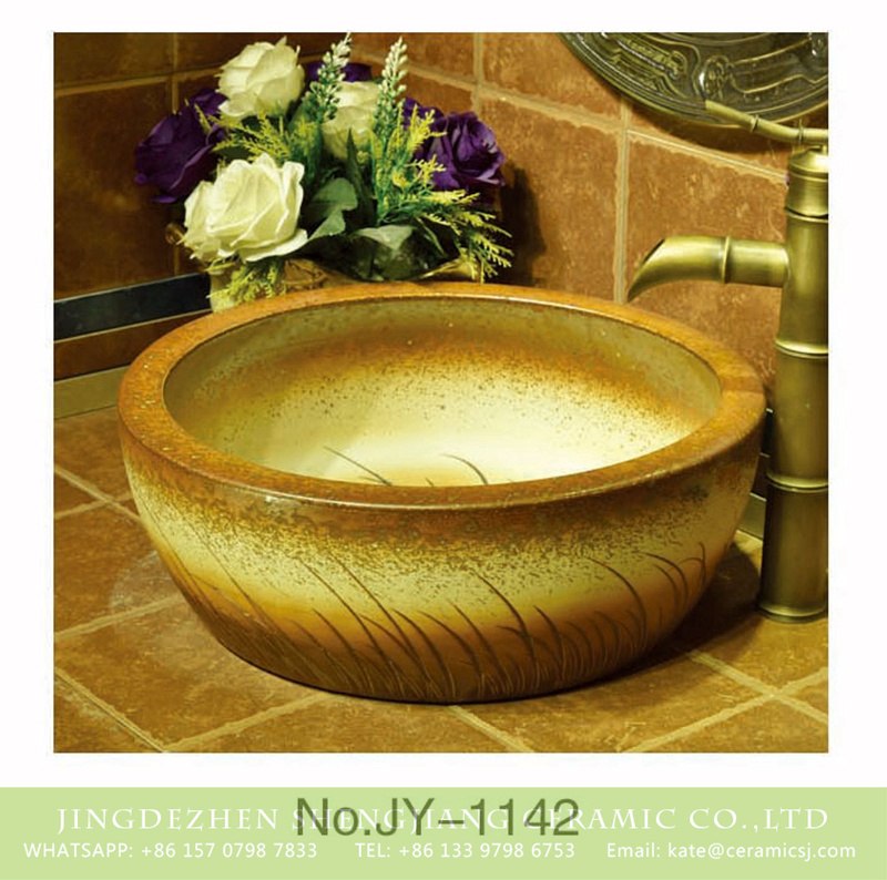 SJJY-1142-22仿古腰鼓盆_03 Made in Jingdezhen online sale hand carved wood color vanity basin    SJJY-1142-22 - shengjiang  ceramic  factory   porcelain art hand basin wash sink