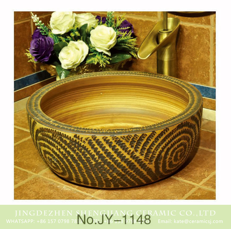 SJJY-1148-22仿古腰鼓盆_10 Jingxi Jingdezhen hand carved ceramic wood color sanitary ware    SJJY-1148-22 - shengjiang  ceramic  factory   porcelain art hand basin wash sink