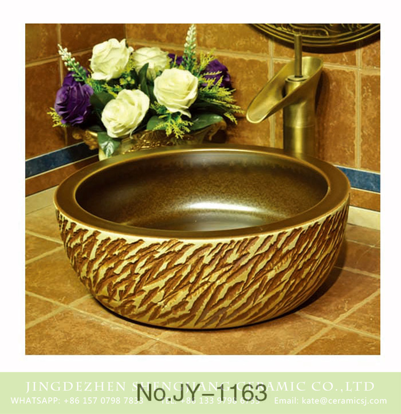 SJJY-1163-23仿古腰鼓盆_13 Carved knife stroke China wholesale price porcelain brown inside wash hand basin    SJJY-1163-23 - shengjiang  ceramic  factory   porcelain art hand basin wash sink