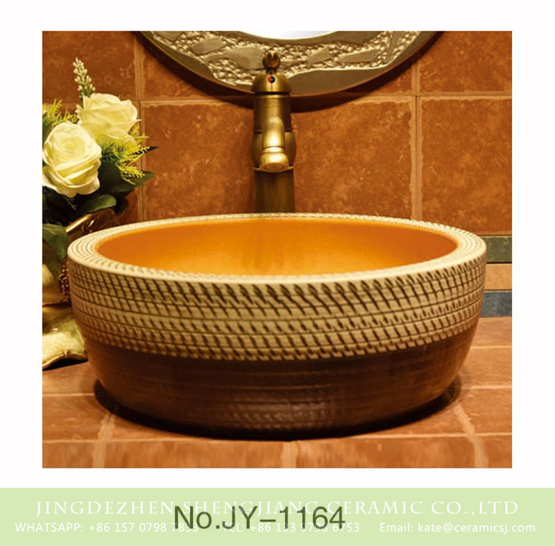 SJJY-1164-23仿古腰鼓盆_14 Pure hand carved knife stroke brown and wood color sinks    SJJY-1164-23 - shengjiang  ceramic  factory   porcelain art hand basin wash sink