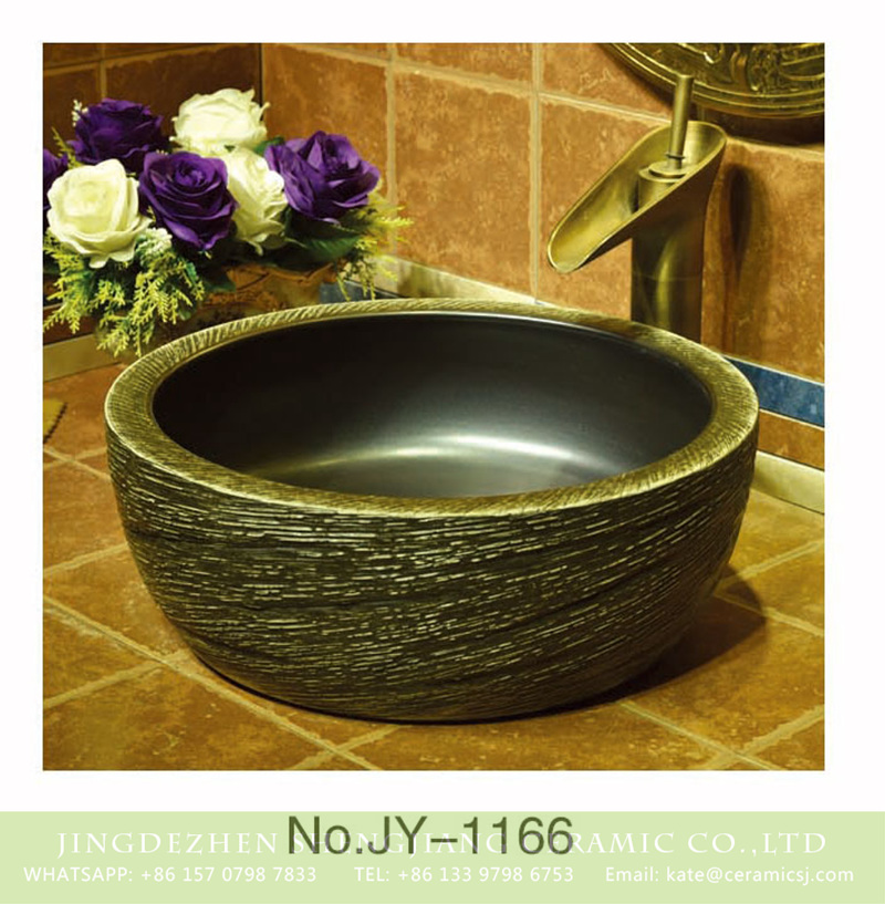 SJJY-1166-24仿古腰鼓盆_03 Chinoiserie vintage style matte black plain color inside and carved knife stroke sinks    SJJY-1166-24 - shengjiang  ceramic  factory   porcelain art hand basin wash sink