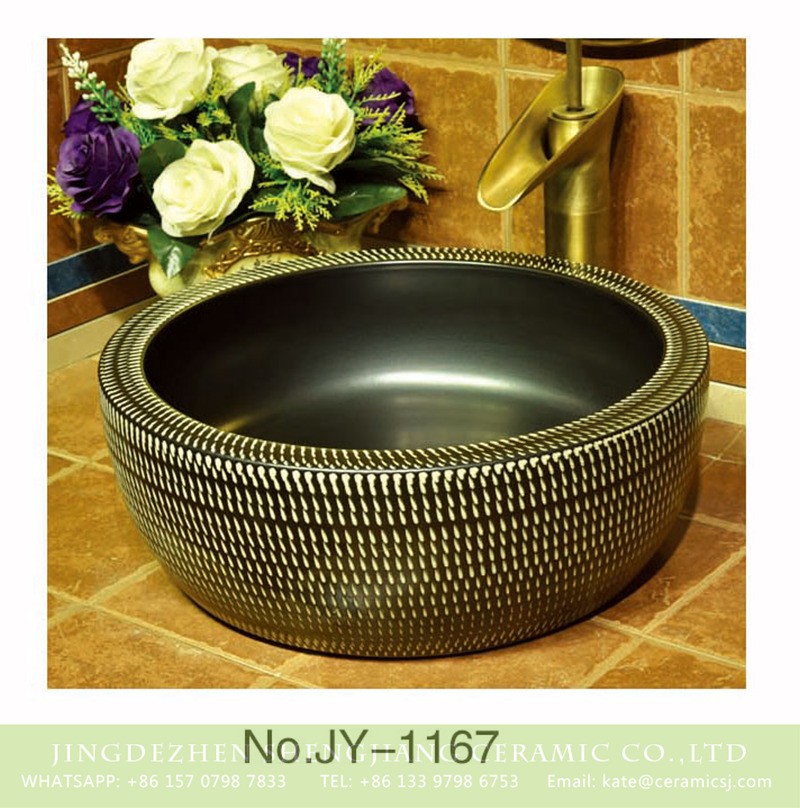 SJJY-1167-24仿古腰鼓盆_04 Asia style matte black plain color inside and hand painted outside sanitary ware    SJJY-1167-24 - shengjiang  ceramic  factory   porcelain art hand basin wash sink