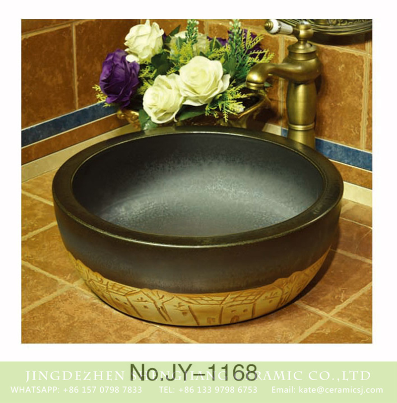 SJJY-1168-24仿古腰鼓盆_05 China online sale matte black plain color inside and hand carved wood color bottom sinks    SJJY-1168-24 - shengjiang  ceramic  factory   porcelain art hand basin wash sink