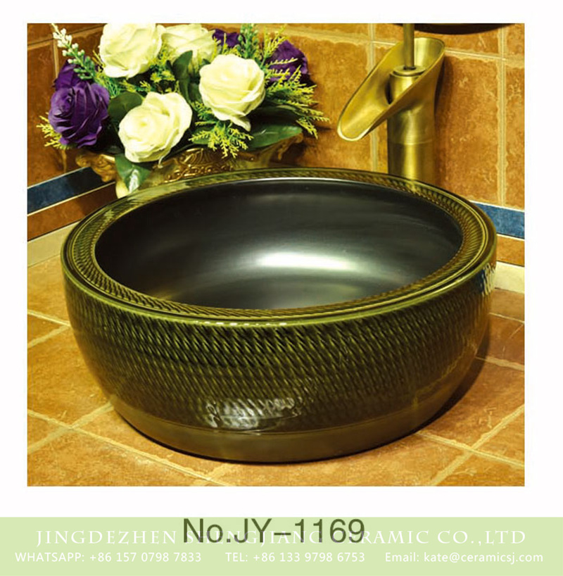 SJJY-1169-24仿古腰鼓盆_07 Made in China hand carved smooth ceramic and matte black plain color inside vanity basin    SJJY-1169-24 - shengjiang  ceramic  factory   porcelain art hand basin wash sink