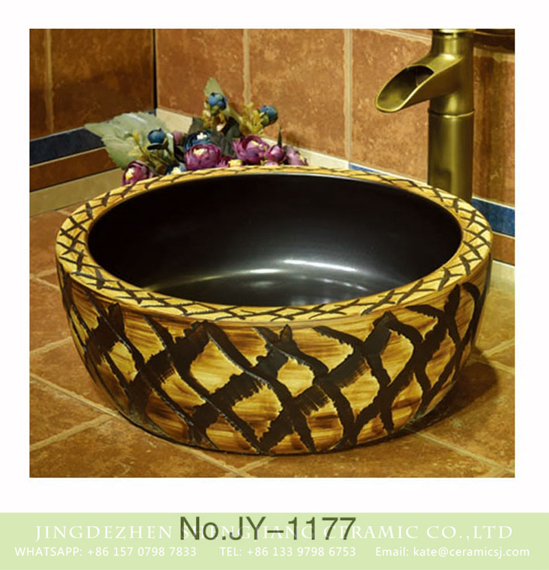 SJJY-1177-24仿古腰鼓盆_15 Shengjiang wholesale matte black color inside and hand carved unique design surface sanitary ware    SJJY-1177-24 - shengjiang  ceramic  factory   porcelain art hand basin wash sink