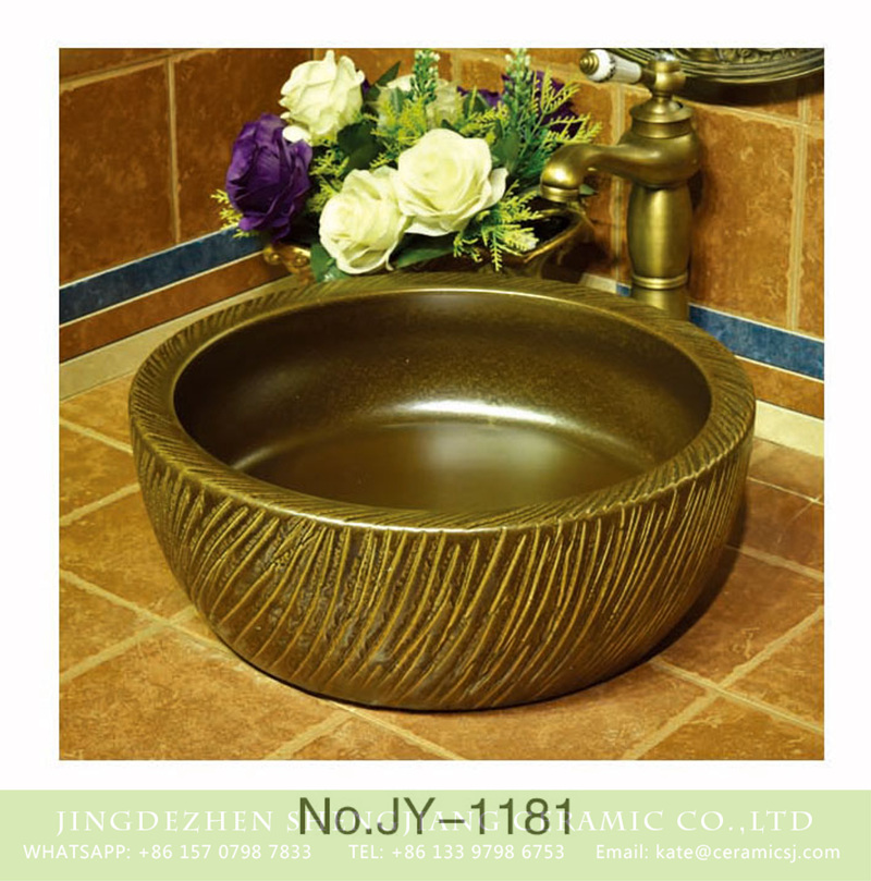 SJJY-1181-25仿古腰鼓盆_07 Jingdezhen wholesale dark color carved knife stroke surface round sanitary ware    SJJY-1181-25 - shengjiang  ceramic  factory   porcelain art hand basin wash sink