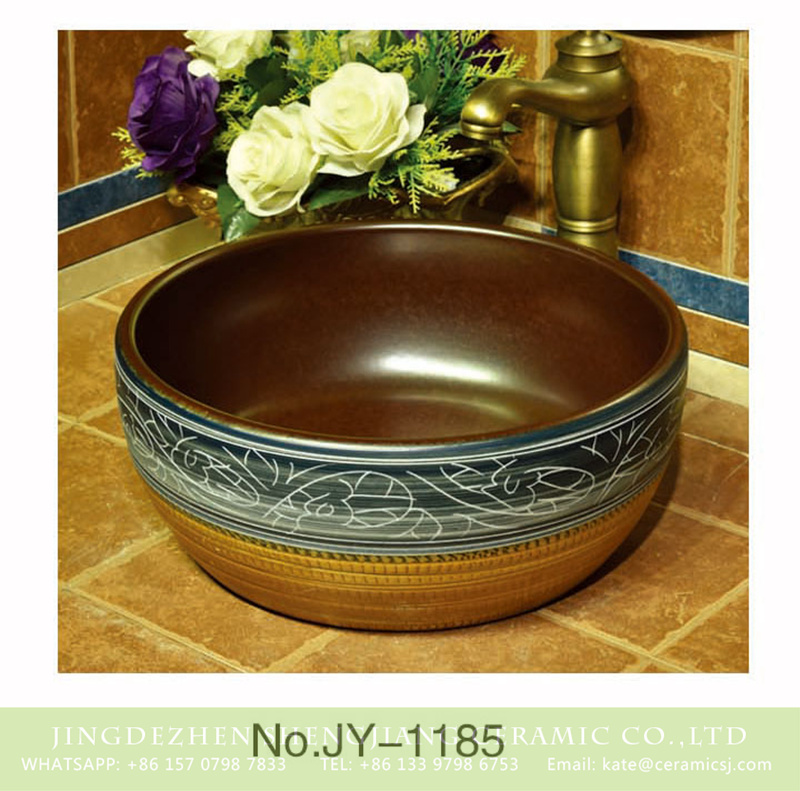 SJJY-1185-25仿古腰鼓盆_11 Chinese antique ceramic brown inside and hand painted pattern wash sink    SJJY-1185-25 - shengjiang  ceramic  factory   porcelain art hand basin wash sink