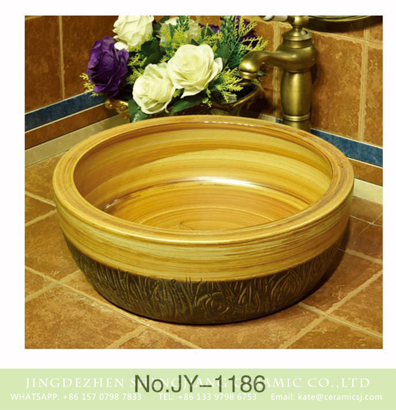 SJJY-1186-25仿古腰鼓盆_12 Factory low price wood color porcelain and dark bottom with unique pattern lavabo    SJJY-1186-25 - shengjiang  ceramic  factory   porcelain art hand basin wash sink