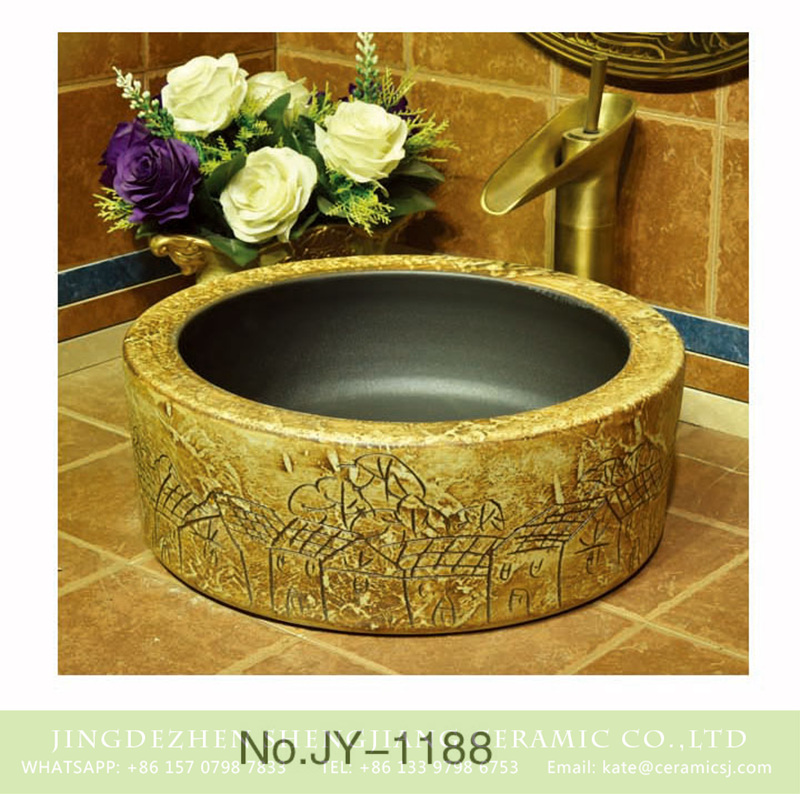 SJJY-1188-25仿古腰鼓盆_14 China conventional retro style matte black plain color inside and carved knife stroke village design sanitary ware    SJJY-1188-25 - shengjiang  ceramic  factory   porcelain art hand basin wash sink