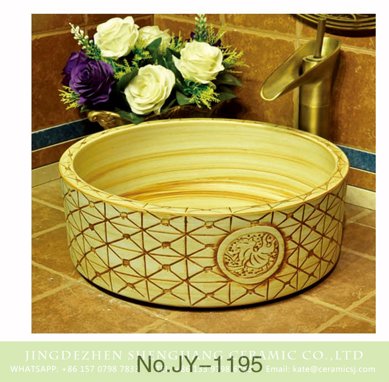 SJJY-1195-27仿古腰鼓盆_09 Shengjiang factory direct wood color ceramic and hand carved unique pattern surface wash sink    SJJY-1195-27 - shengjiang  ceramic  factory   porcelain art hand basin wash sink