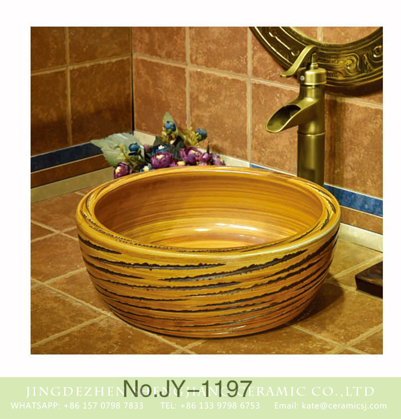 SJJY-1197-27仿古腰鼓盆_11 Jingdezhen wholesale wood color ceramic and carved knife stroke surface wash basin    SJJY-1197-27 - shengjiang  ceramic  factory   porcelain art hand basin wash sink