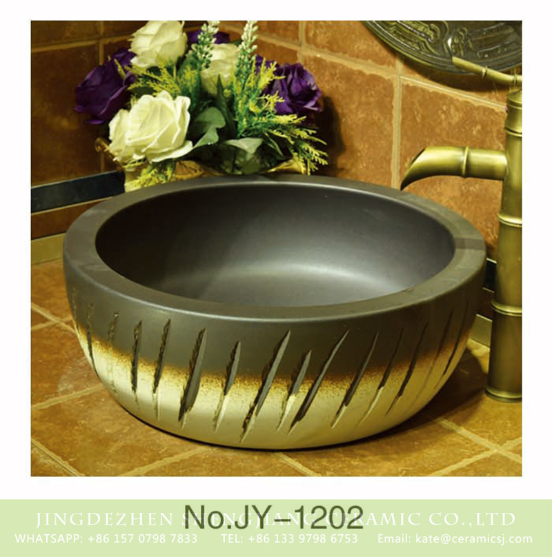 SJJY-1202-28仿古腰鼓盆_03 Factory price matte black color inside and carved knife stroke surface wash basin    SJJY-1202-28 - shengjiang  ceramic  factory   porcelain art hand basin wash sink