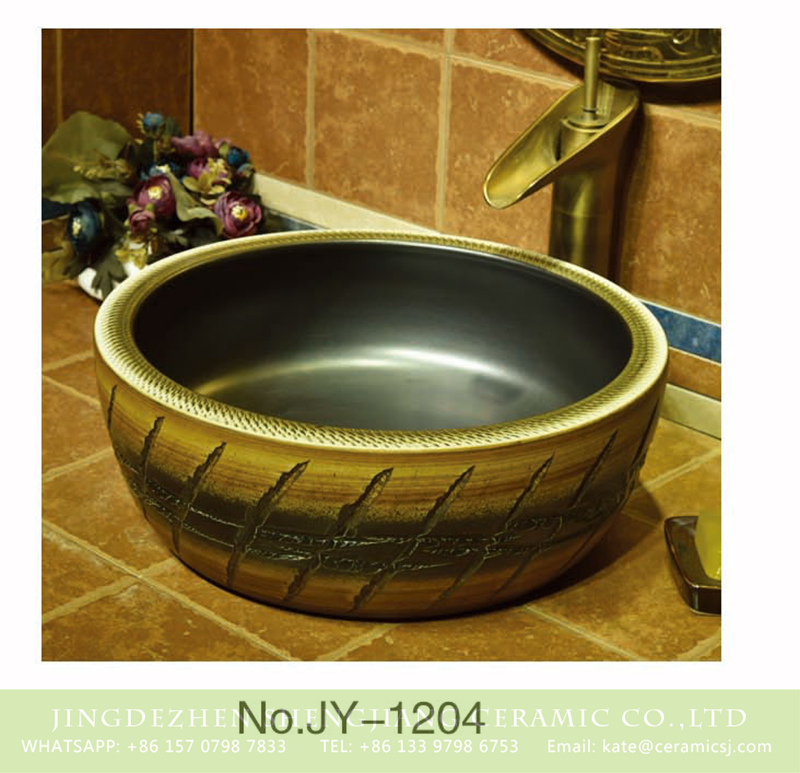 SJJY-1204-28仿古腰鼓盆_05 Jingdezhen antique ceramic carved knife stroke surface and matte black color inside lavabo     SJJY-1204-28 - shengjiang  ceramic  factory   porcelain art hand basin wash sink