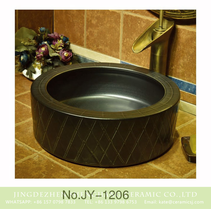 SJJY-1206-28仿古腰鼓盆_08 Popular sale item black plain color porcelain and hand carved diamond pattern surface sinks    SJJY-1206-28 - shengjiang  ceramic  factory   porcelain art hand basin wash sink