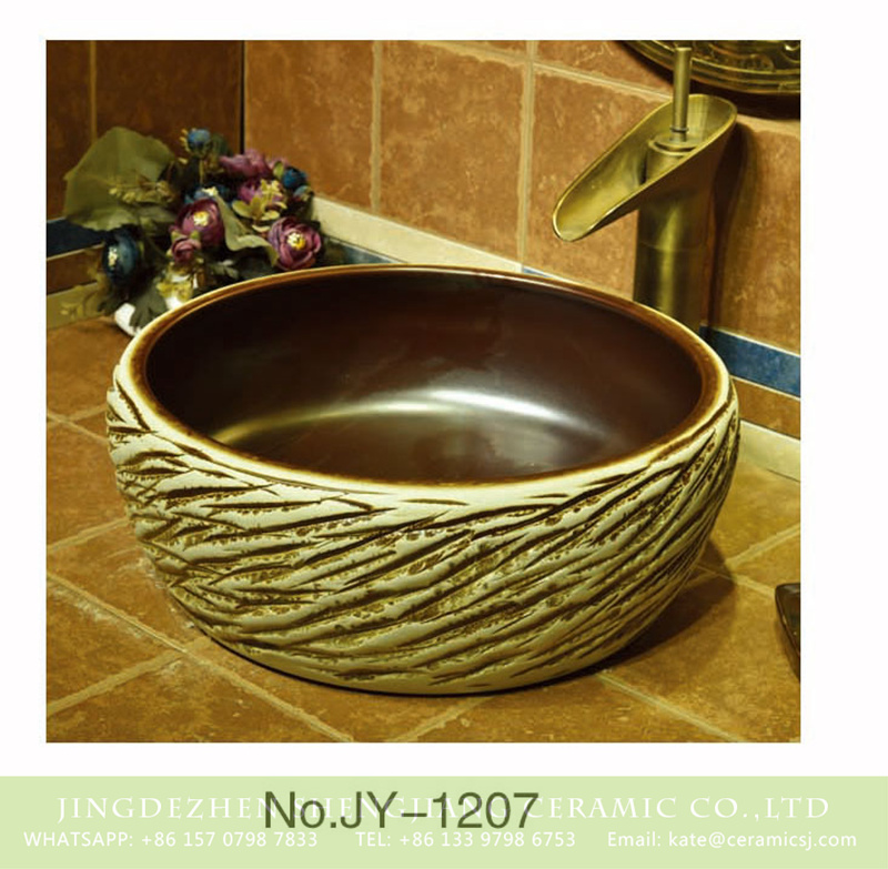 SJJY-1207-28仿古腰鼓盆_09-1 Large bulk sale hand carved knife stroke surface and brown color inside vanity basin    SJJY-1207-28 - shengjiang  ceramic  factory   porcelain art hand basin wash sink