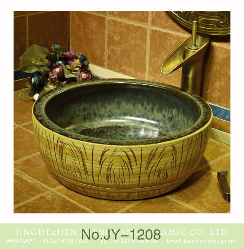SJJY-1208-28仿古腰鼓盆_10 Hot sale color glazed inside and hand carved wood color surface sanitary ware     SJJY-1208-28 - shengjiang  ceramic  factory   porcelain art hand basin wash sink