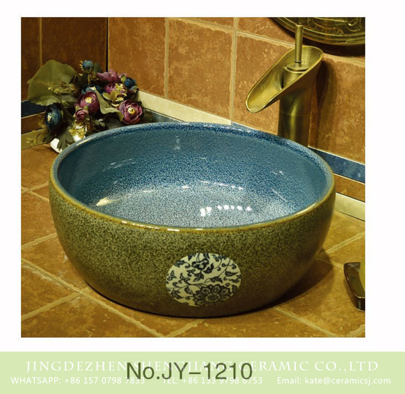 SJJY-1210-28仿古腰鼓盆_12 China online sale blue color smooth ceramic inside and marble with flower pattern surface wash sink    SJJY-1210-28 - shengjiang  ceramic  factory   porcelain art hand basin wash sink