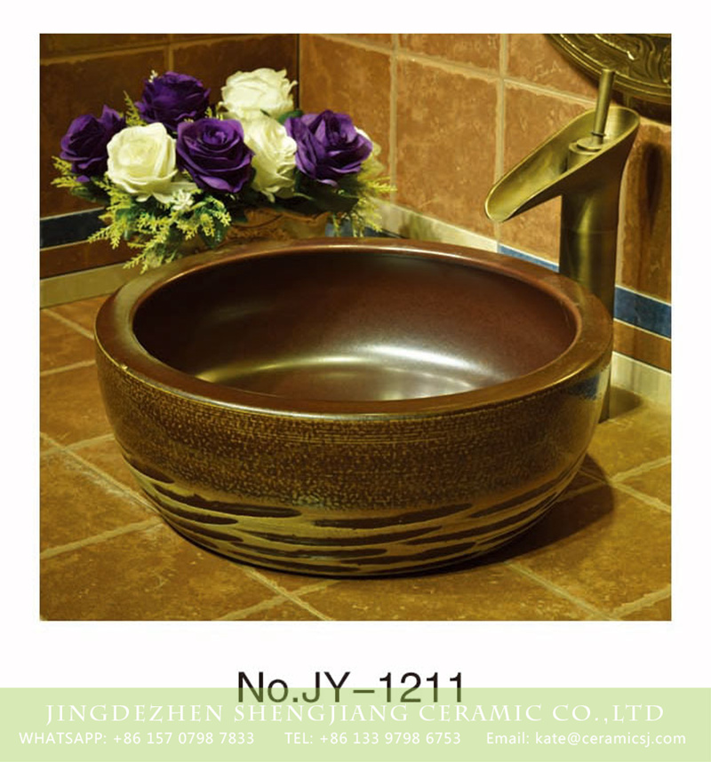 SJJY-1211-28仿古腰鼓盆_13 Shengjiang factory produce dark brown color smooth and hand carved knife stroke bottom sanitary ware    SJJY-1211-28 - shengjiang  ceramic  factory   porcelain art hand basin wash sink